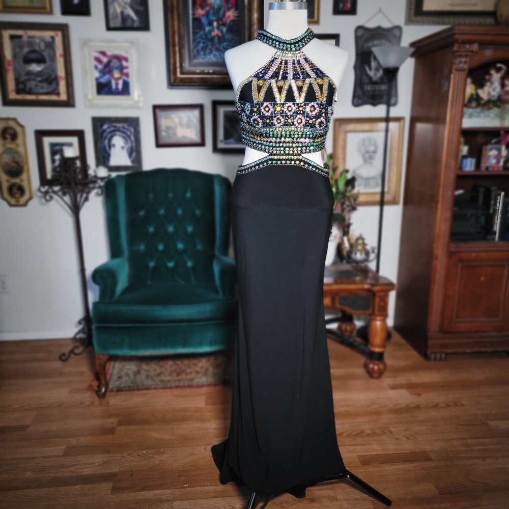 Dave and Johnny Beaded Halter Gown Black‎ Cutout Prom Dress 90s Style Gems 5/6